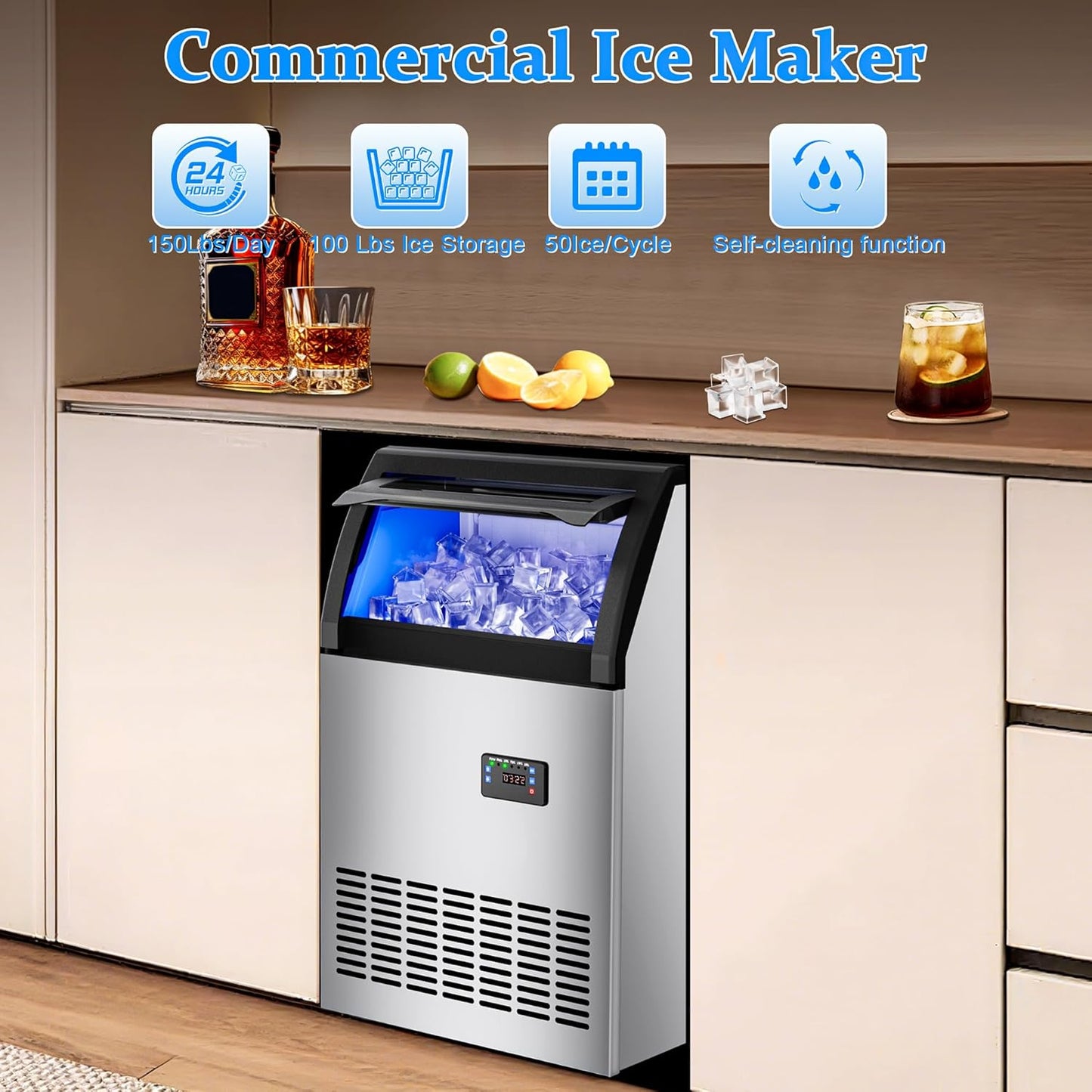 Commercial Spout Drench Ice Maker Machine 150Lbs/24H,Stainless Steel Under Counter Ice Maker 100lbs Storage with 50 Ice Trays,Freestanding Ice Maker Self-Cleaning for Homes Restaurants Bars Cafe