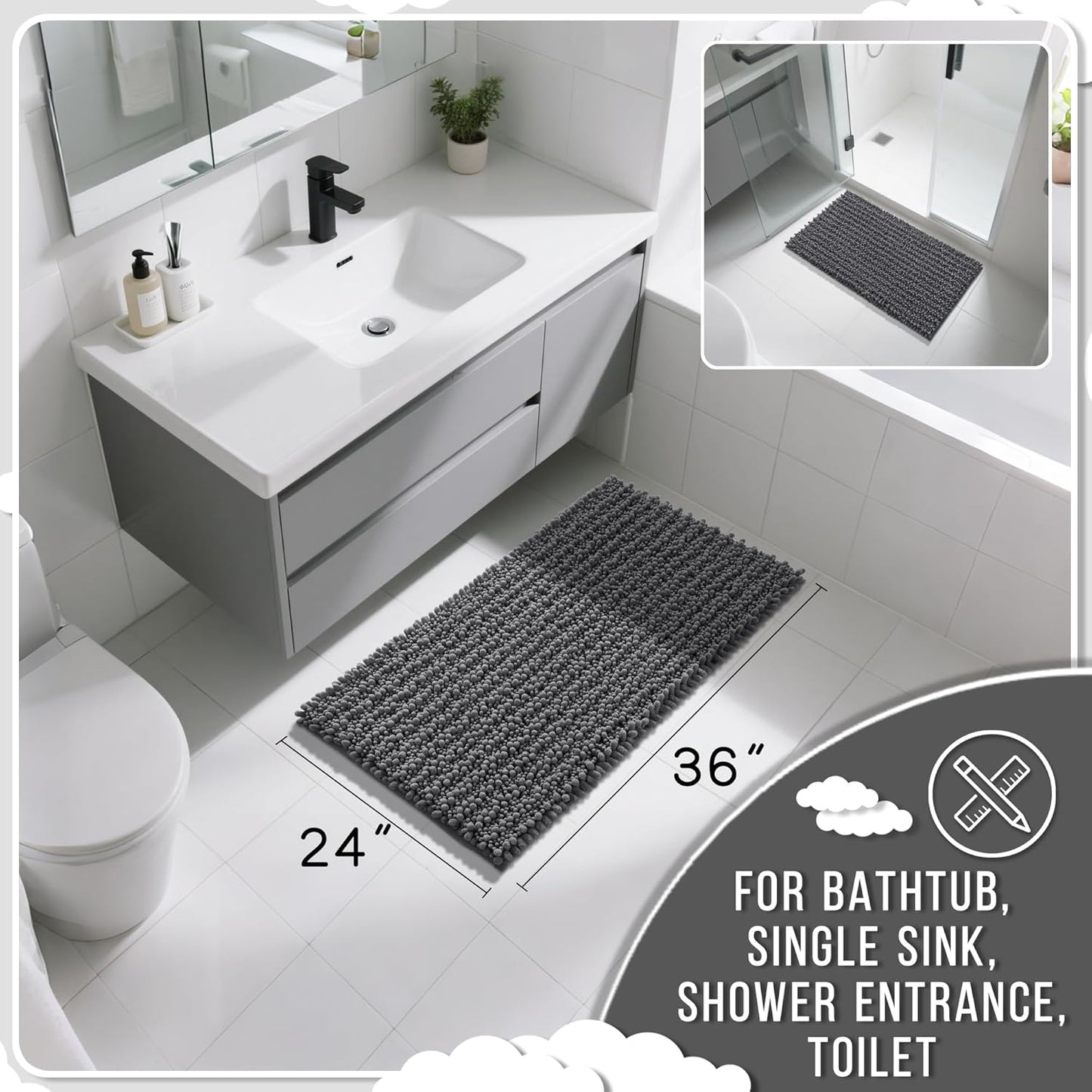 Yimobra Large Bathroom Rugs Non Slip Washable 36x24 Inch - Ultra Soft Absorbent Chenille Bath Mat, Quick Dry Shaggy Floor Carpet for Tub Shower, Dark Gray Home Decor Accessories