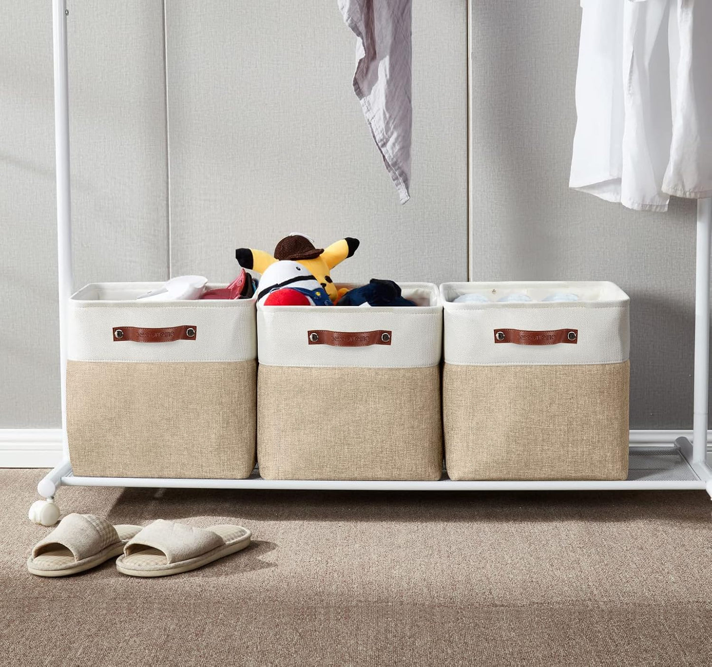 DECOMOMO Storage Cubes, 12x12 Storage Bins, Baskets for Shelves (Beige & White, Cube 12" - 4 Pack)