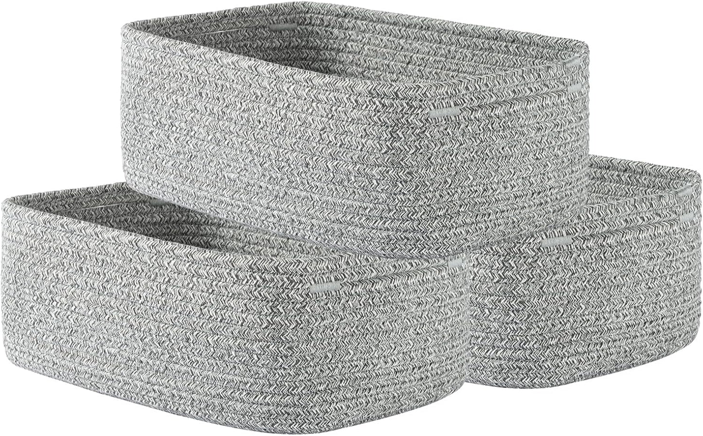 Small Woven Basket, 12 x 8 x 4.5 Inches, Storage Basket for Organizing, Cute Small Rope Shelf Closet Cube Storage Bins Baskets for Shelves, Dog Toy Gift Baskets Empty, 3 Packs, Mixed Grey