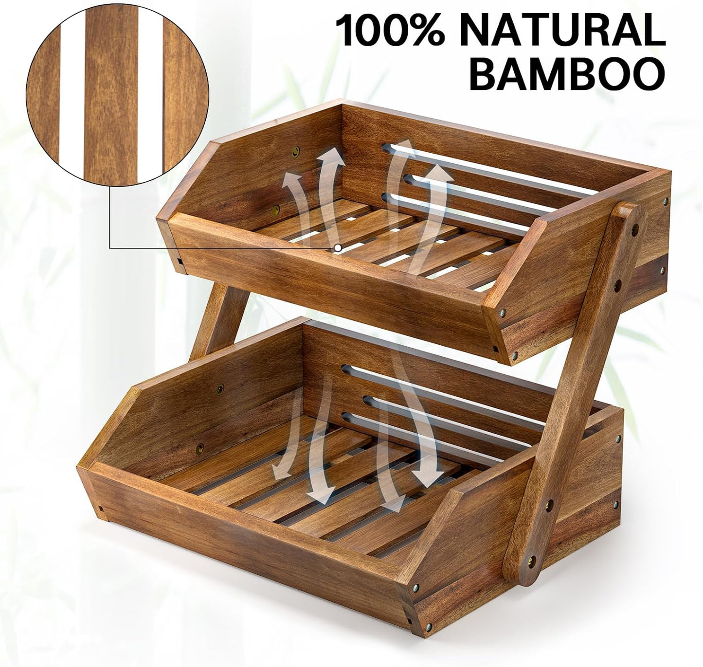 G.a HOMEFAVOR Fruit Basket: 2-Tier Acacia Wood Fruit Bowl for Kitchen, Fruit Stand Storage Holder for Vegetables and Snack Home Kitchen Countertop Organizer (Self-assembly)