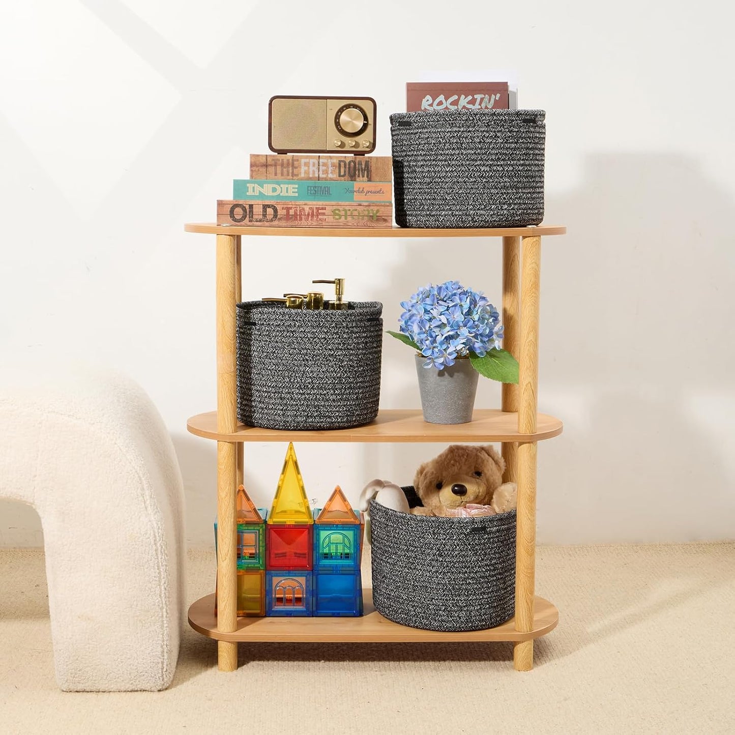 Small Basket for Organizing | Cube Shelf Closet Storage Baskets | 9.7×9.7×7.1” | Woven Rope Gift Basket | Nursery | Round 3 Packs Dark Gray