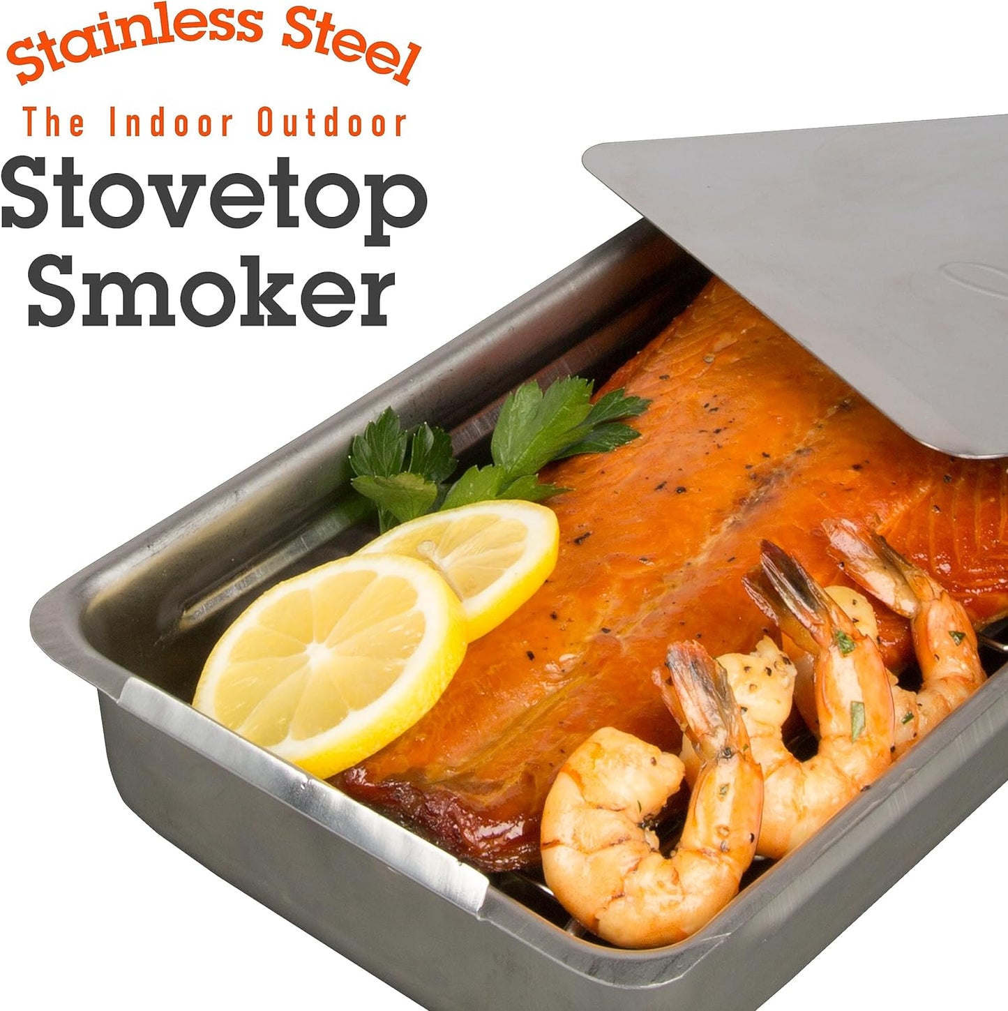Camerons Indoor Outdoor Stovetop Smoker - Stainless Steel Barbecue Smoker Box w/Oak Wood Chips & Recipes - Works On Any Heat Source, Stovetop or BBQ Grill for Smoking Meats - Grilling Gift for Men