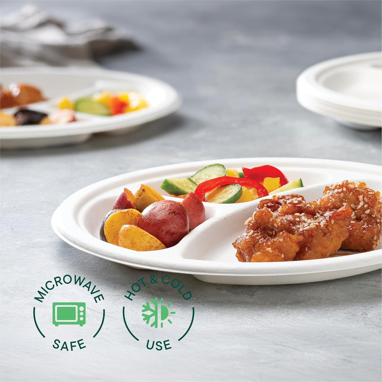 100% Compostable Paper Plates 10 Inch Bulk [500 Count] Heavy-Duty Dinner Plates with Compartments - Natural White Color Bagasse - Eco-Friendly Disposable Biodegradable Sugarcane - [Case 4/125 Pack]