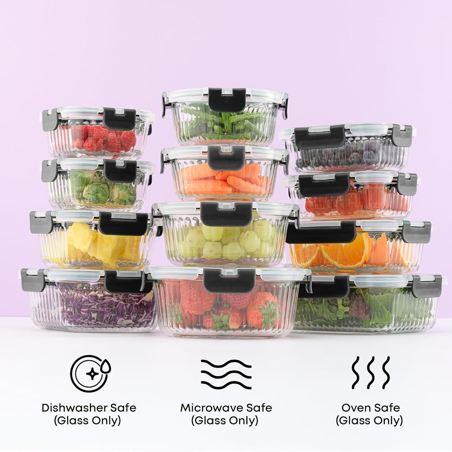 JoyJolt 24pc Borosilicate Glass Storage Containers with Lids | 12 Airtight/Freezer Safe Food Storage Containers for Pantry and Kitchen | Meal Prep Container for Lunch | Glass Tupperware Set