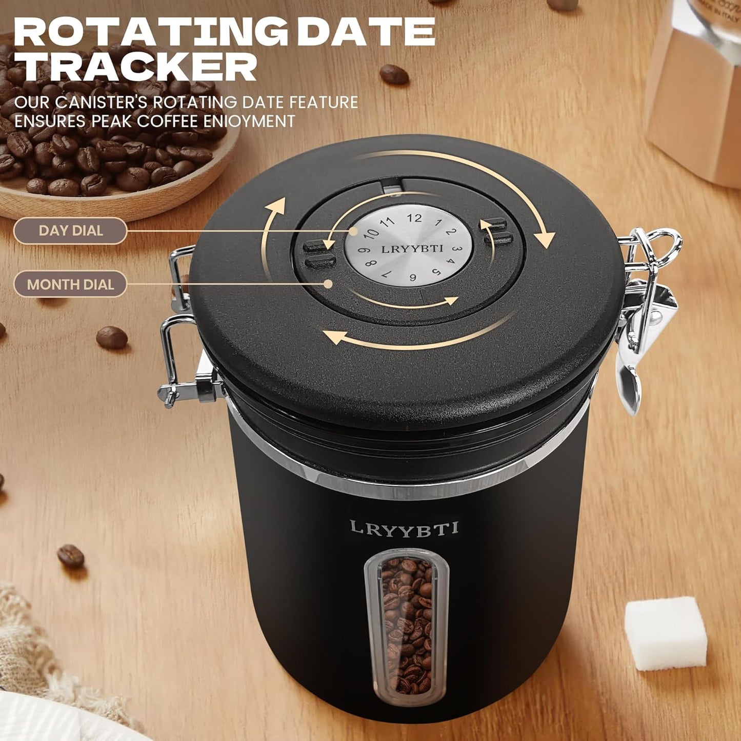 Coffee Canisters with Window,Scoop and Airtight Lid Stainless Steel Kitchen Bean Storage Grounds Container（22OZ/Black)Date Tracker and Scoop for Grounds Coffee Bar Accessories Beans, Cereal, Sugar