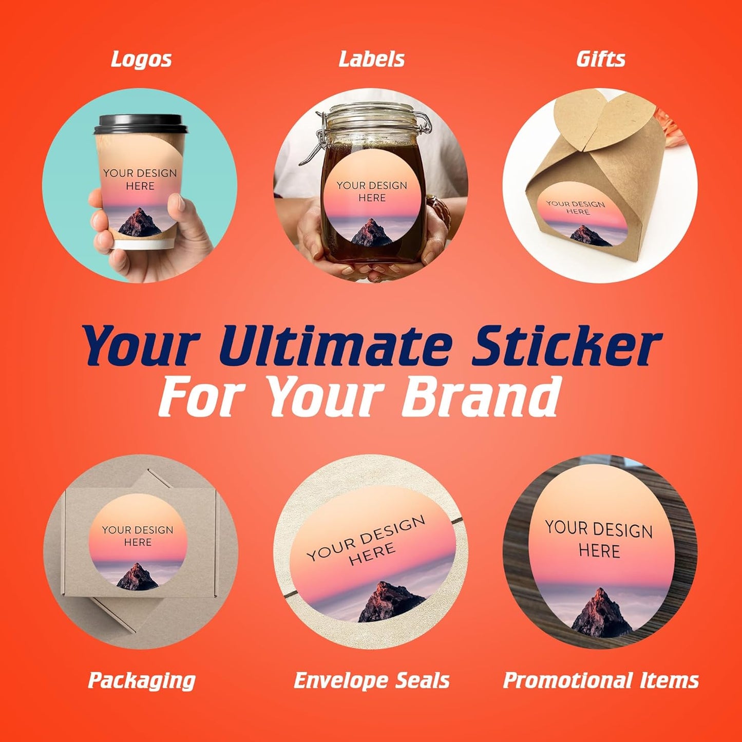 100 Custom Vinyl Stickers - Upload Your own Image, Text, Design, Logo - Personalized Logo Labels for Handmade, Packaging, Bottle, Jars, Candle, Brand Stickers (Mountain, 6x6)