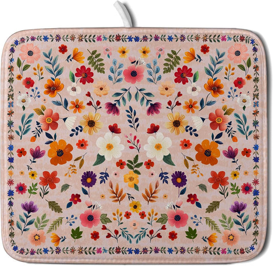Boho Floral Dish Drying Mat - Pink Wildflower Absorbent Microfiber Kitchen Counter Pad for Home Coffee Bar Decor