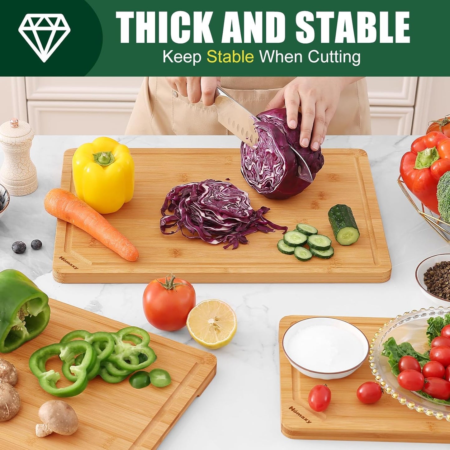 Homaxy Organic Bamboo Cutting Boards Set for Kitchen Set of 3, Wooden Cutting Board Set with Juice Groove and Handles, Charcuterie Serving Tray Wood Chopping Board Set for Meat Fruits & Vegetables