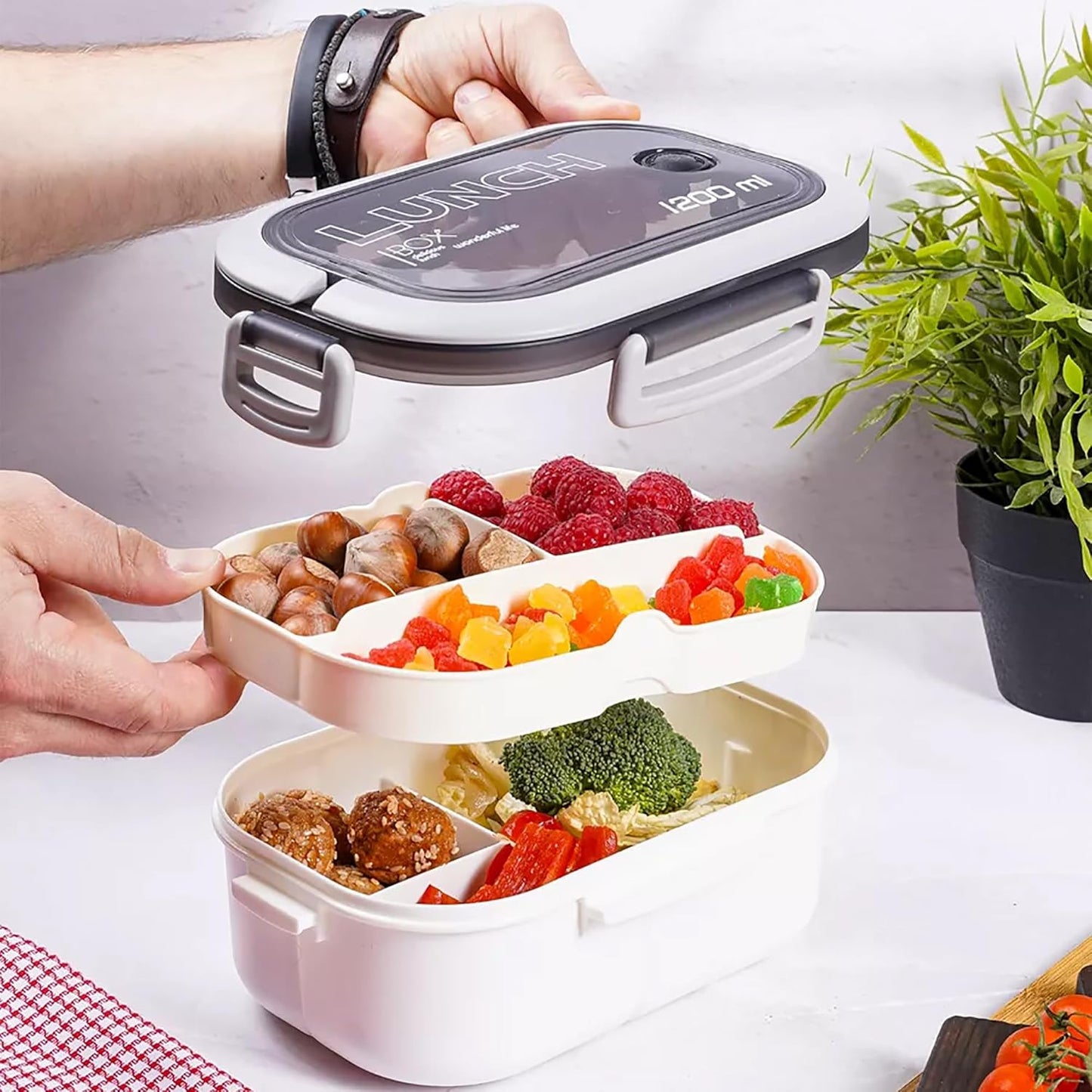 Bento Box Adult, Lunch Box for Men and Women, 1200ML Leak-proof Double-layered with Handle Lunchbox, Reusable BPA-Free Lunch Container, Microwave/Dishwasher Safe, Snack Box with Cutlery Set, White