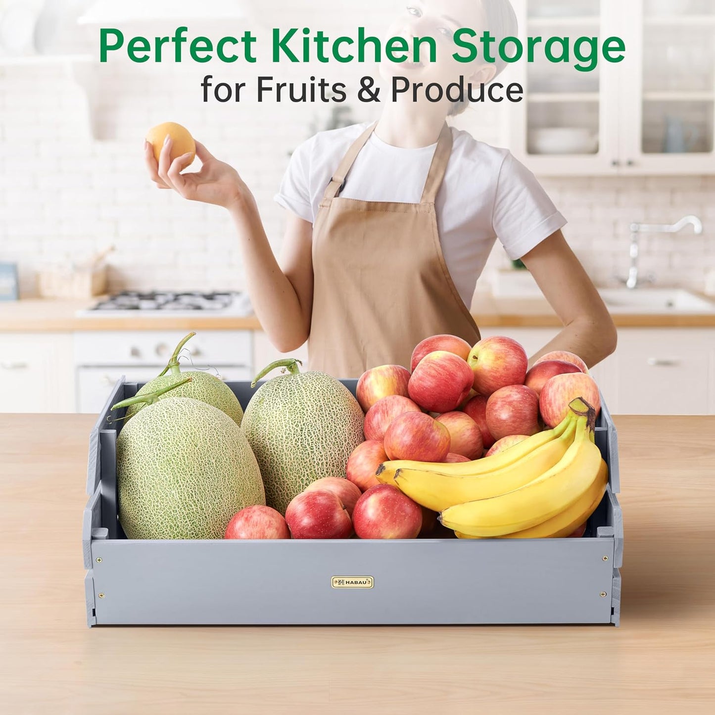 HABAU Wood Potato Onion Storage Bins - Wooden Stackable Produce Basket - Fruit Vegetable Storage for Kitchen Pantry Organization