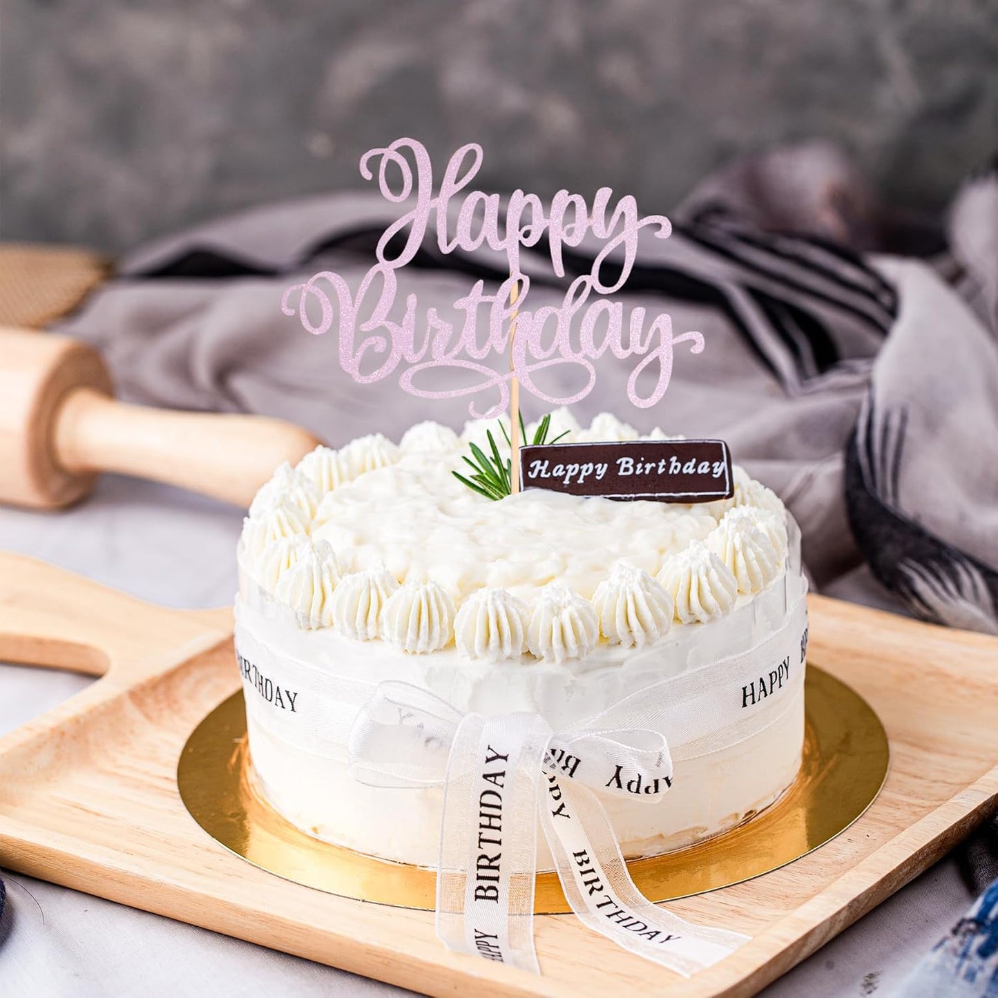 Happy Birthday Cake Toppers 9 Inch Glitter Happy Birthday Cake Toppers Pick for Birthday Anniversary Theme Party Cake Decorations Supplies - Litht Pink