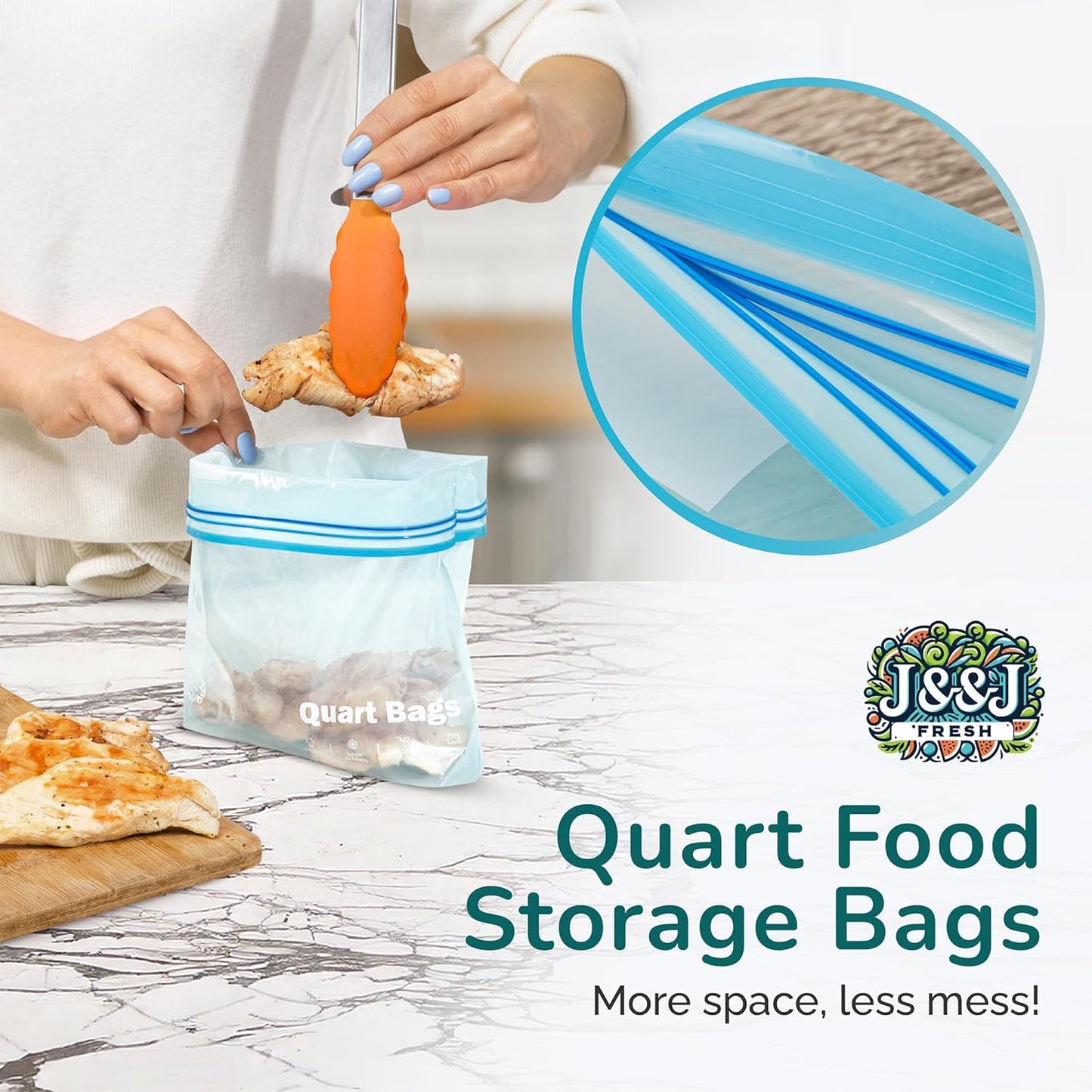 J&&J Fresh Storage Quart Freezer Bags, 50 Pack — Reusable, BPA-Free, Leakproof — Expandable Bottom, Microwave-Safe, Strong Zipper Seal — Quart Bags for Meal Prep & Freezer Storage — Durable & Washable