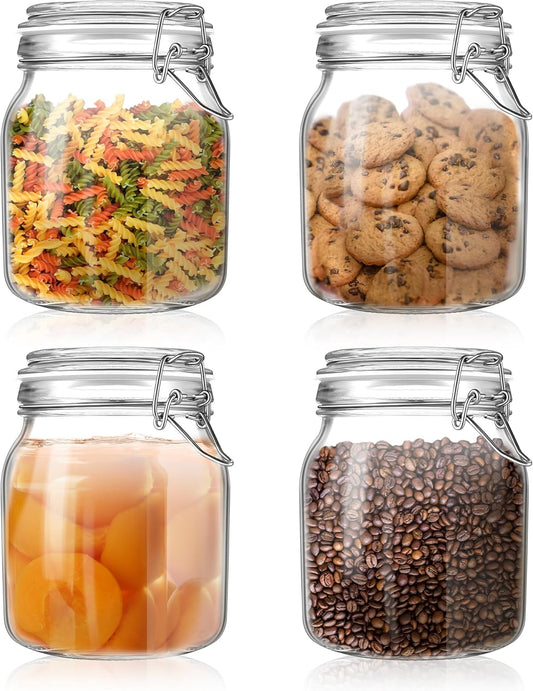 Glass Food Storage Jars with Airtight Lids 34 oz Square 4 Pack Kitchen Storage Containers Large Cabinet Canisters Sealed Pot Canning for Pasta, Cereal, Coffee, Beans, Spice