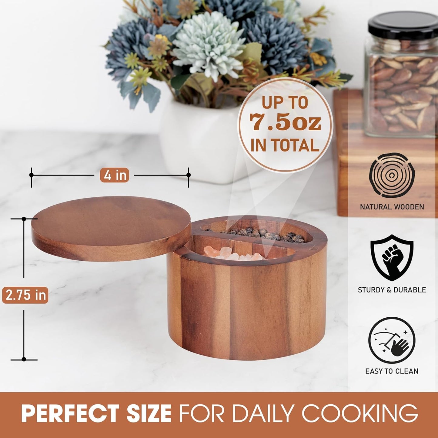 Demigo Duet Salt Cellar, 7.5 Ounces Acacia Salt Keeper Box with Two Compartments Secured by Magnetic & Swivel Lid, Spice Container for Kitchen Countertop Storing Pepper Oregano Powder Cinnamon