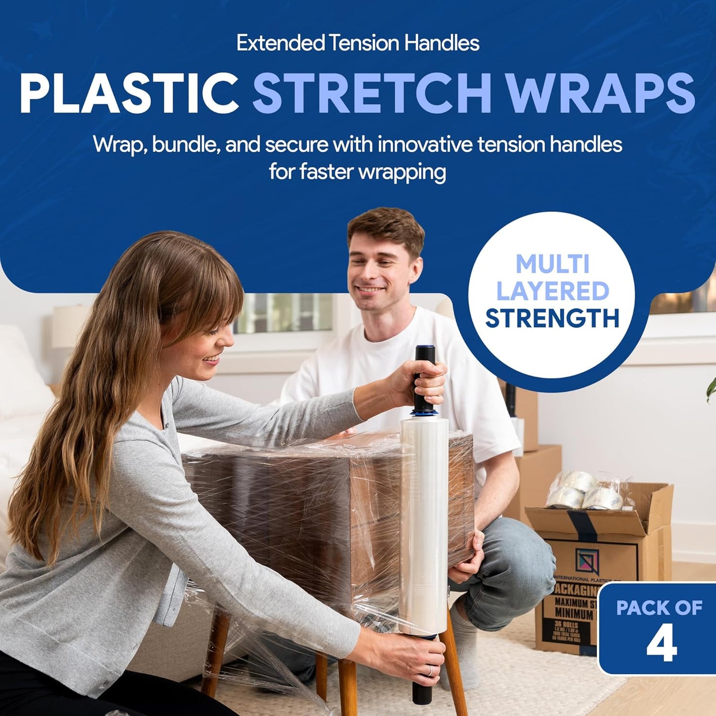 International Plastics Co. 15" Plastic Stretch Film Wrap with Extended Handles 1200ft Each 500% Stretch Clear Cling Durable Adhering Packing Moving Packaging Heavy Duty Shrink