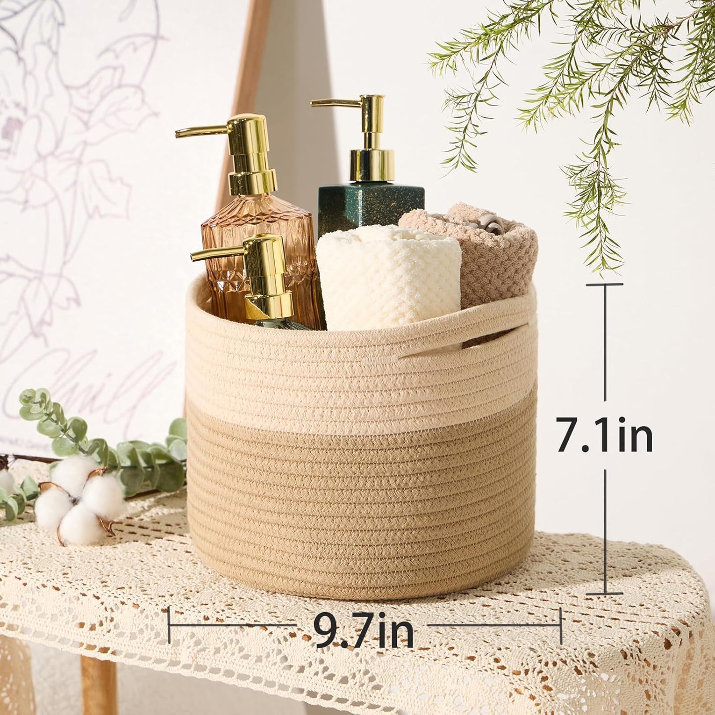 Small Basket for Organizing | Cube Shelf Closet Storage Baskets | 9.7×9.7×7.1” | Woven Rope Gift Basket | Nursery | Round 3 Packs Tan