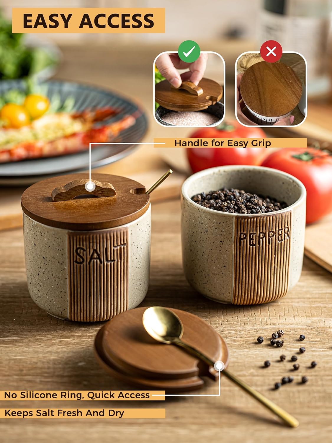 Ceramic Salt and Pepper Bowl, Salt Cellar with Lid and Spoons Salt Containers for Countertop Pepper Holder Box, Beige