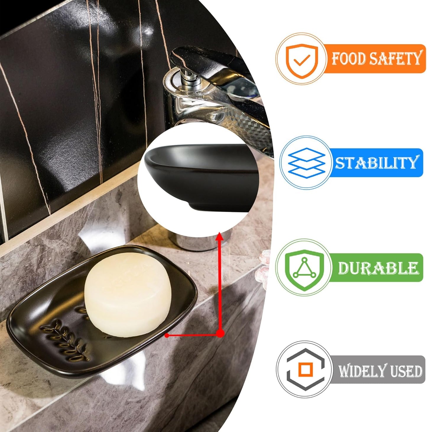 Soap Dish Soap Holder Shower, Ceramic Soap Dishes for Bar Soap Sponge, Shower Saver Tray for Bathroom Kitchen Sink, Raised Leaf Design, Black