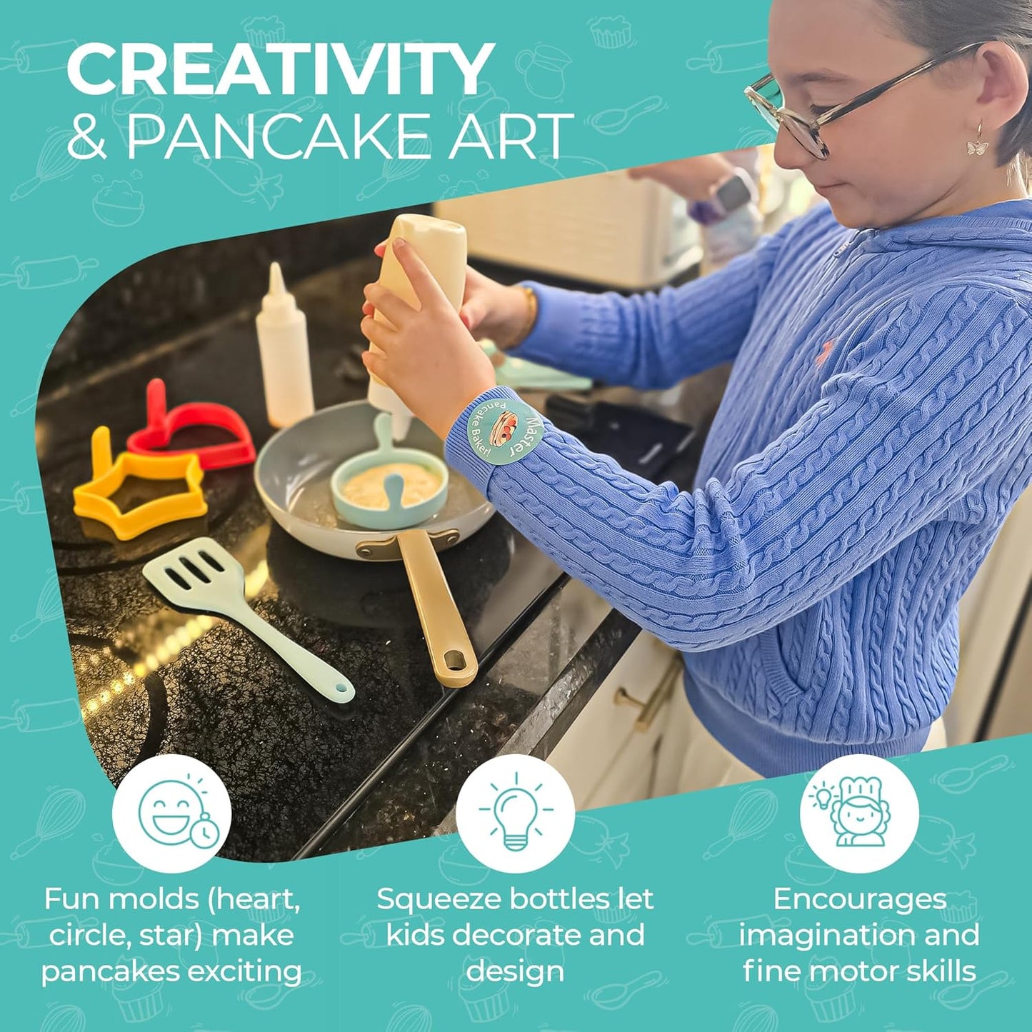 Tovla Jr. Junior Pancake Master Kit for Kids – Real Cooking Set with Reusable Silicone Pancake Molds, Batter & Decorating Bottles, Kid-Safe Spatula & Illustrated Recipe Booklet, Ages 6–12