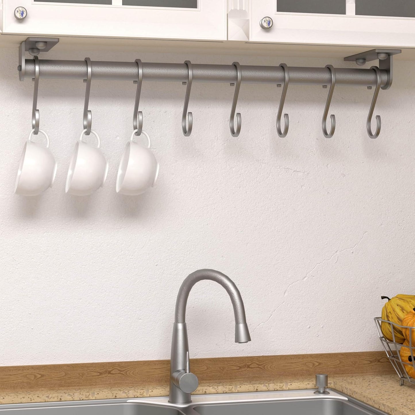 Dseap Kitchen Utensil Holder Hanger, Pot and Pan Rack Wall Mounted, Kitchen Rail with 8 Hooks for Hanging Cooking Utensils, Mugs, Spoons, Wall Mounted, Silver, Pack of 2