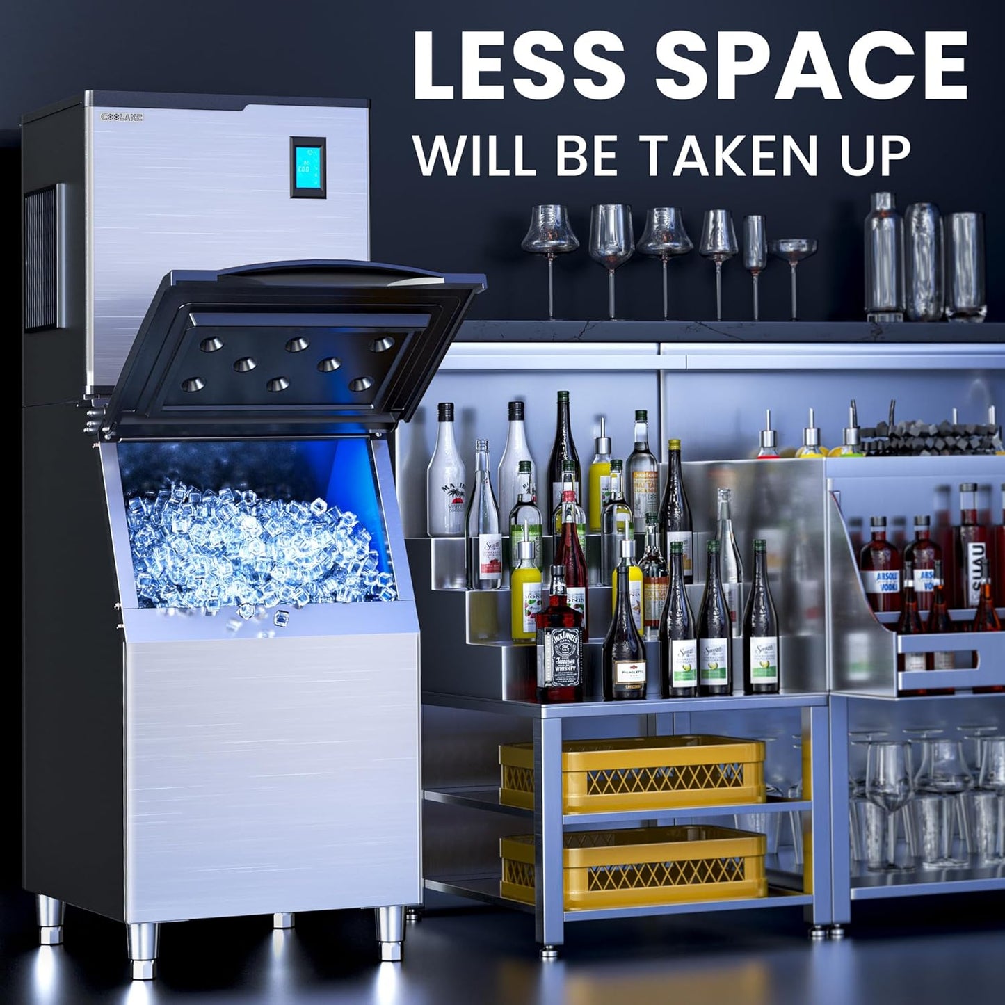 Coolake 360 lb. Commercial Ice Machine Storage Bin, 26" Stainless Steel Space Saving Footprint Ice Bin with Convenient Lift-up Door, Filter, Scoop, Adjustable Feet, for Bar Restaurant Shop