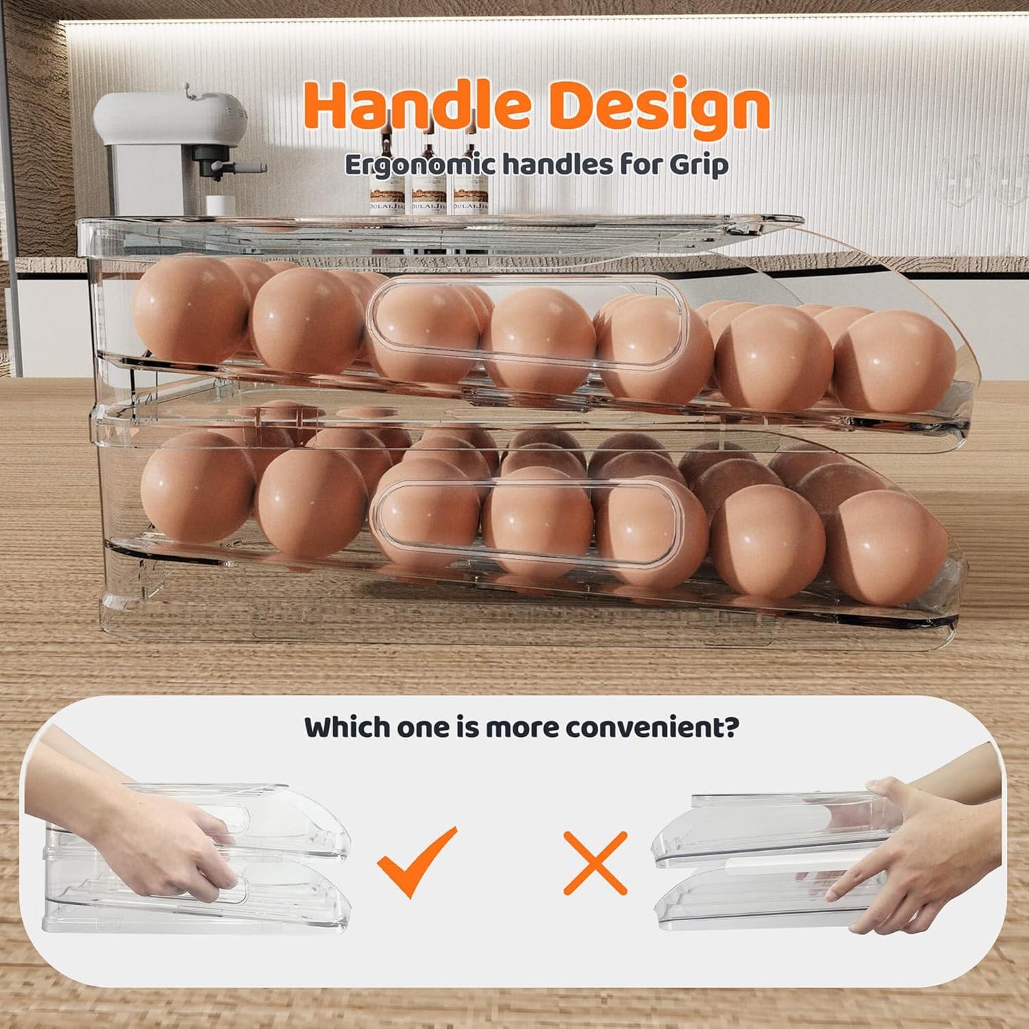 Egg Holder for Fridge, Automatic Steady Rolling Egg Dispenser with Silicone Bumpers & Handle for Refrigerator, Large Capacity Egg Organizer with Lid