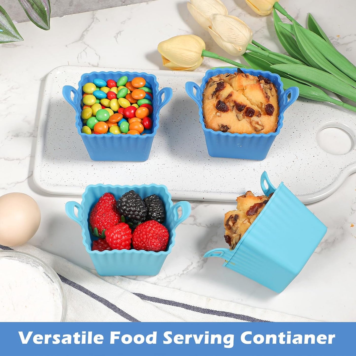 Koluti Reusable Silicone Baking Cups Set of 4, Nonstick Muffin Cupcakes Mold with Double Handle, BPA Free, Small Square Air Fryer Cupcake Liners, 2 Color