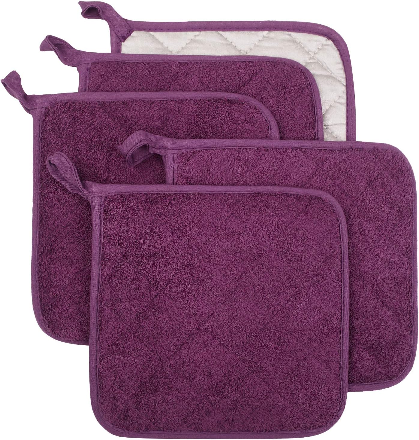 100% Cotton Kitchen Everyday Basic Terry Pot Holder Heat Resistant Coaster Potholder for Cooking and Baking Set of 5 Grape
