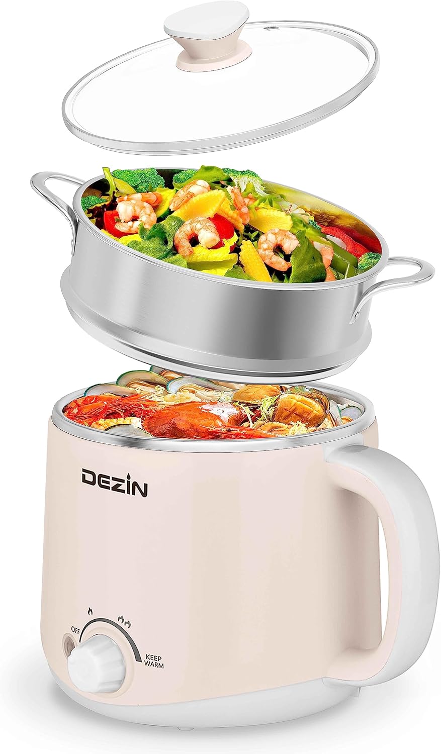 Dezin Hot Pot Electric with Steamer, Rapid Noodles Cooker, Stainless Steel Electric Pot 1.6 Liter, Perfect for Ramen, Egg, Dumpling, Soup, Oatmeal with Temperature Control and Keep Warm Function