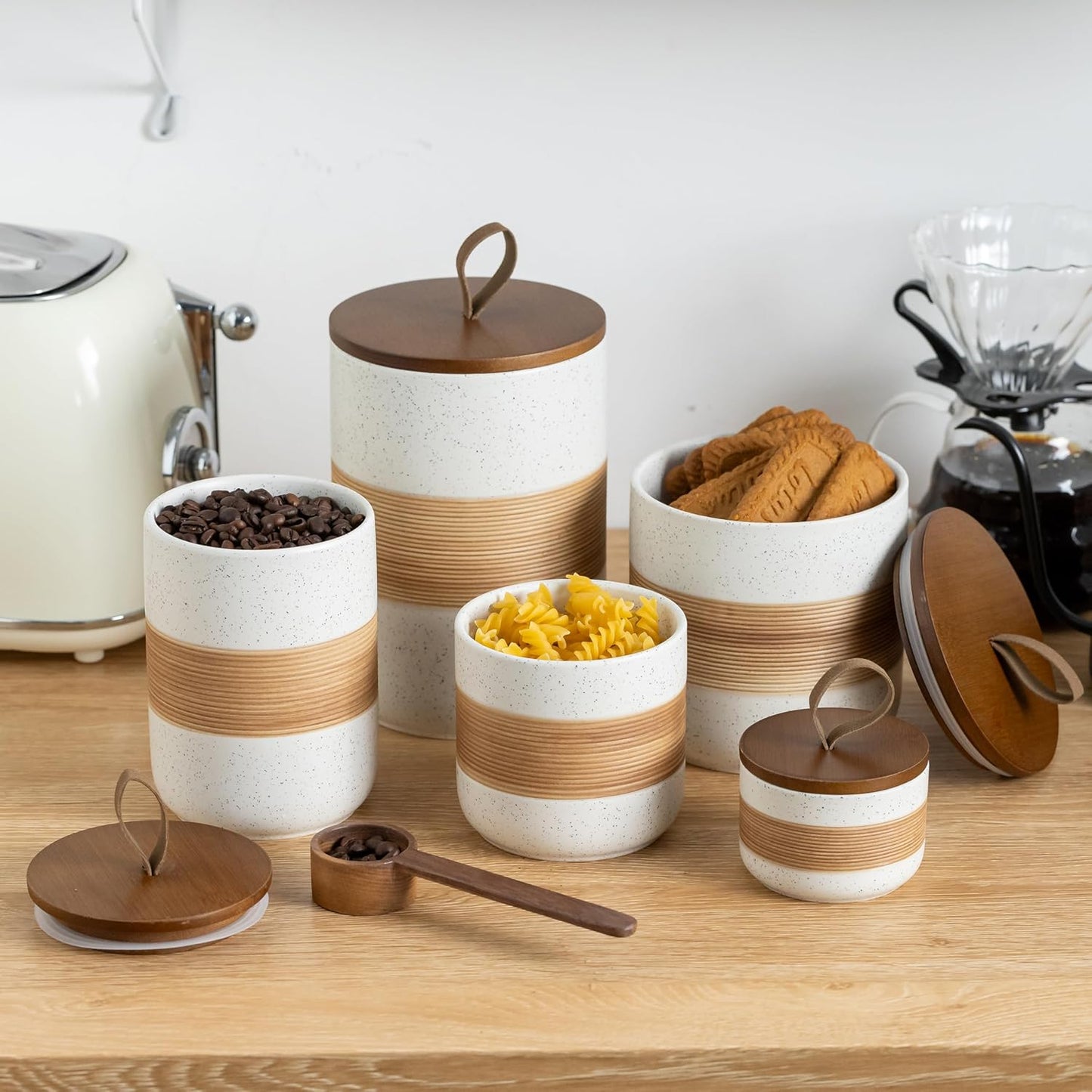 Ceramic Jar with Lid, Coffee Container Kitchen Food Storage Jars for Spice Sugar Tea Bag, Stackable Decorative Jars for Countertop, White & 18 fl.oz