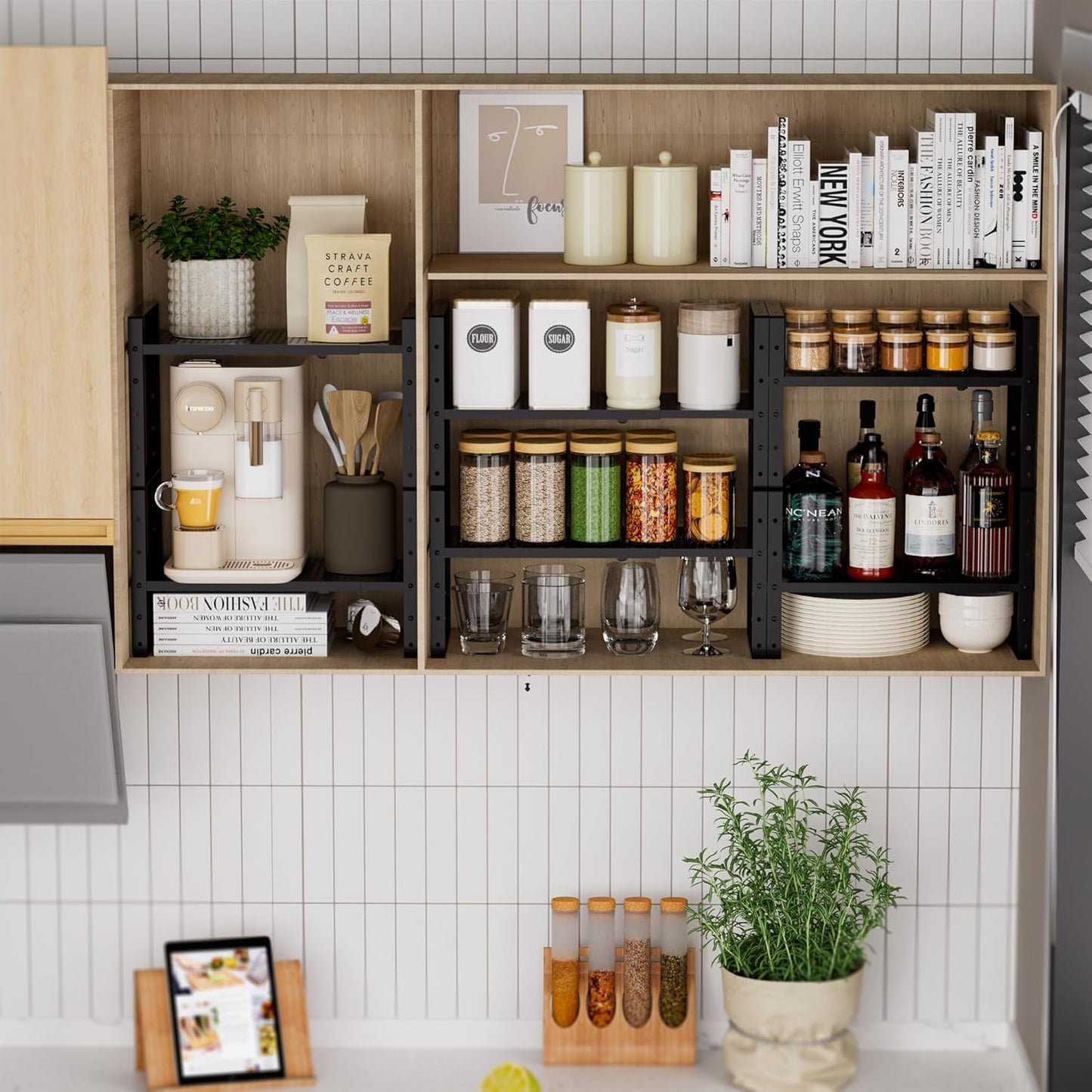 Expandable Shoe Rack Stackable Metal Pantry Storage Shelves Stand Adjustable Height Cabinet Shelf Organizer Racks Spice Shelving(1PACK/BLACK,LARGE)