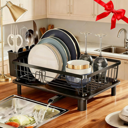 Dish Drying Rack, Stainless Steel Space-Saving Dish Rack, Dish Racks for Kitchen Counter, Kitchen Dish Drainers with Removable Utensil Holder,New Drain Outlet,Plate Rack and Drainboard, Black