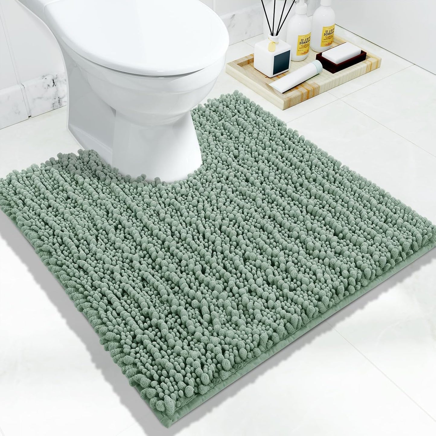 Yimobra Toilet Rug U Shaped Washable 24x20 Inch - Ultra Soft Absorbent Chenille Bath Rugs for Toilet, Quick Dry & Machine Washable, Non Slip Contour Bathroom Mat, Green