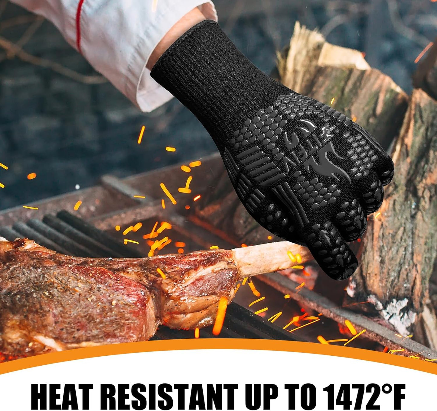 BBQ Gloves, Oven Gloves, 1472°F Extreme Heat Resistant Barbecue Gloves, Silicone Non-Slip Oven Mitts, Kitchen for Cooking, Grilling, and Baking (Black)