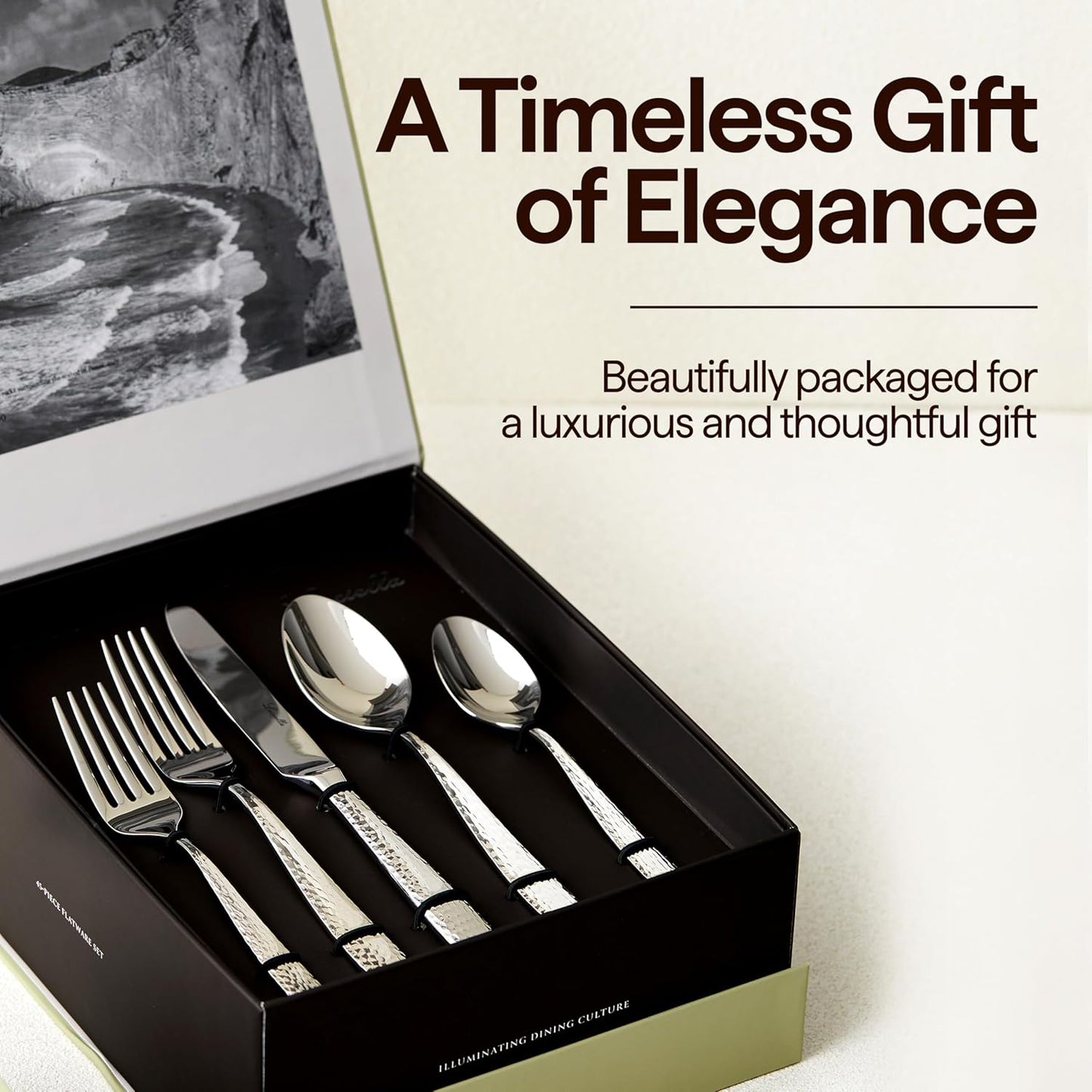 Luciella Ponza Flatware Set for 12, 65-Piece Stainless Steel Silverware Set with Serving Utensils, Timeless Hammered Design, Rust-Resistant, Mirror Polished & Dishwasher Safe