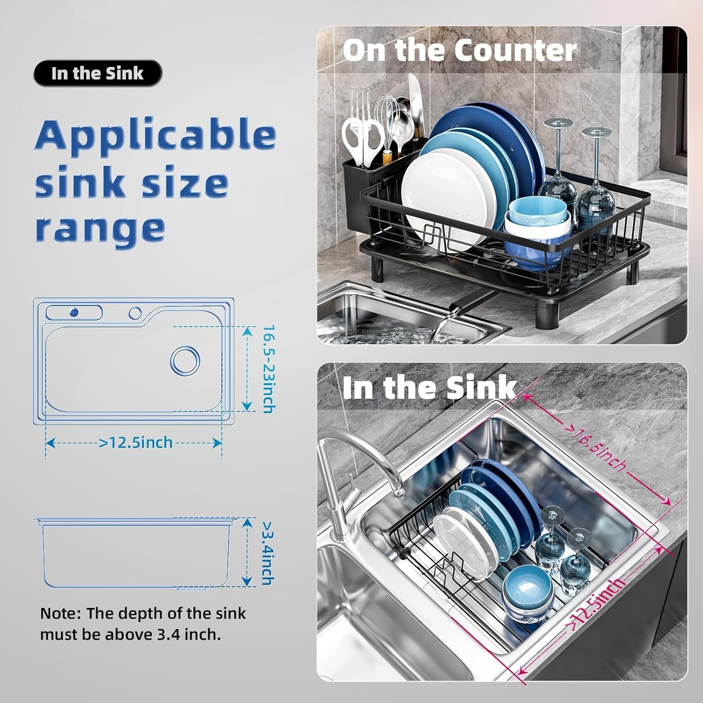 Dish Drying Rack, Stainless Steel Space-Saving Dish Rack, Dish Racks for Kitchen Counter, Kitchen Dish Drainers with Removable Utensil Holder,New Drain Outlet,Plate Rack and Drainboard, Black