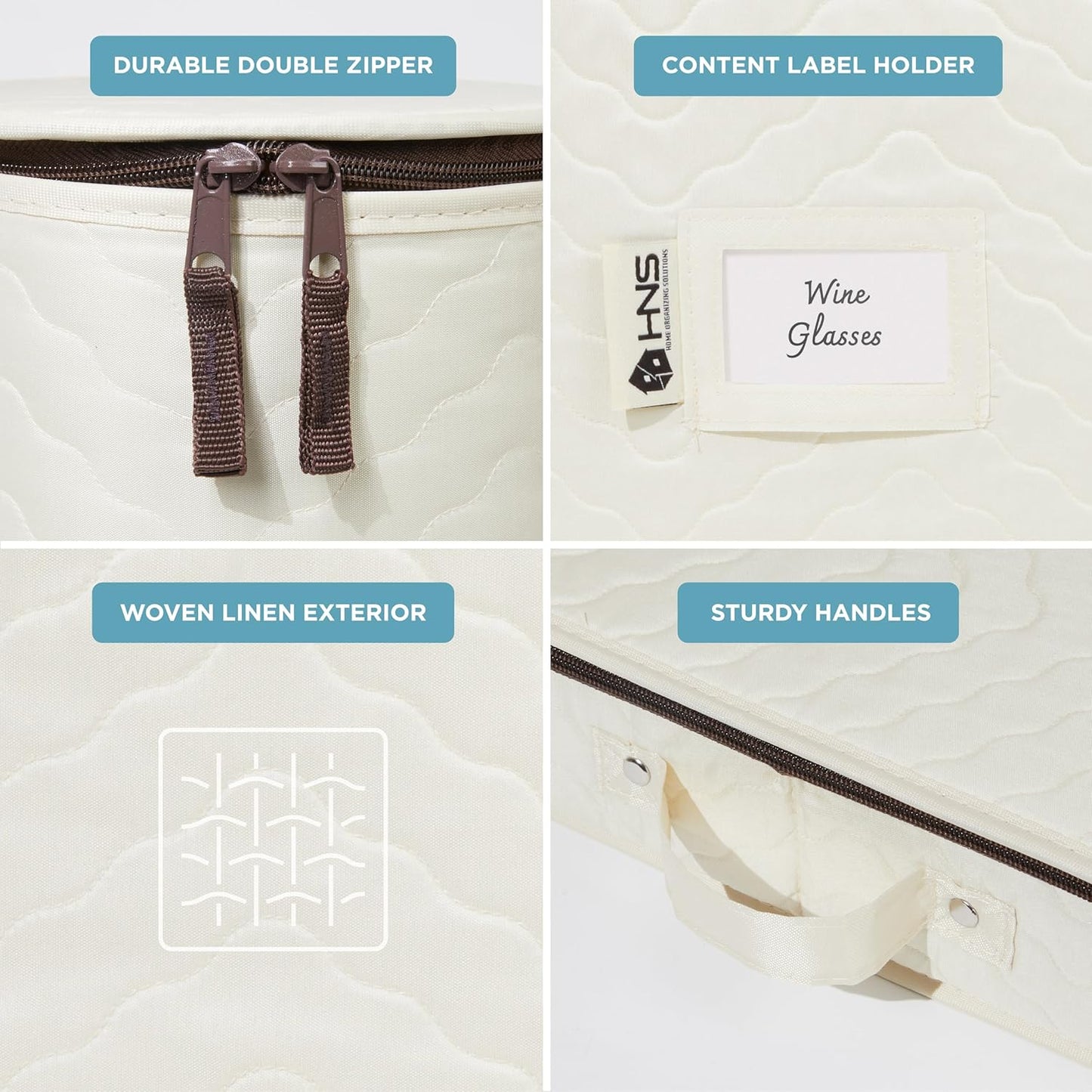 Hard Shell China Storage Containers 8-Piece Set Moving Boxes for Dinnerware, Glasses, Plates, Mugs and Saucers Sturdy Dish Organizer with Dividers for Seasonal Storage - Service for 12 - Beige Quilted