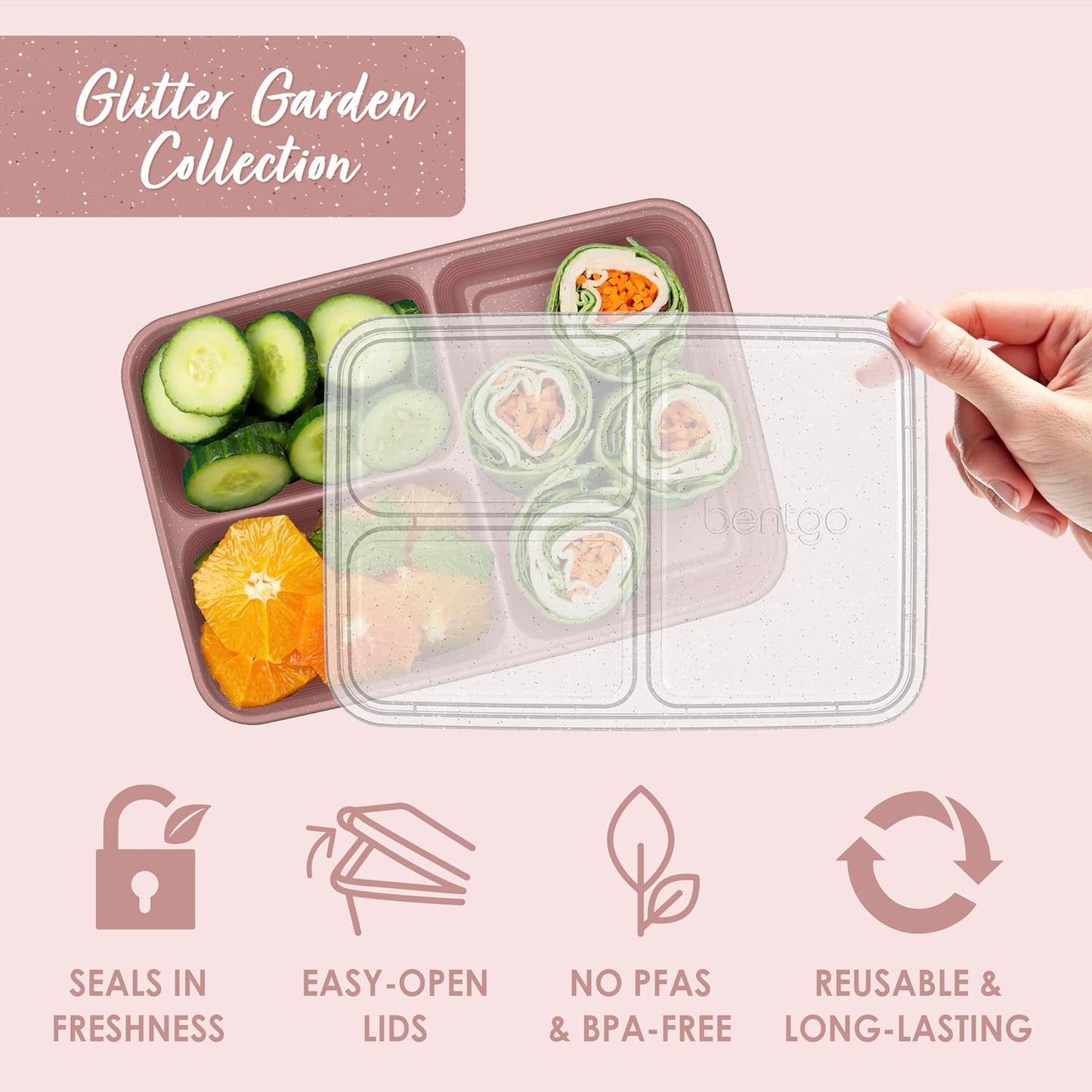 Bentgo Prep - 20-Piece 3-Compartment Reusable Meal Prep Containers with Lids, PFAS & BPA Free Materials, Durable, Microwave, Freezer, & Dishwasher Safe To Go Food Storage (Rosette Glitter)