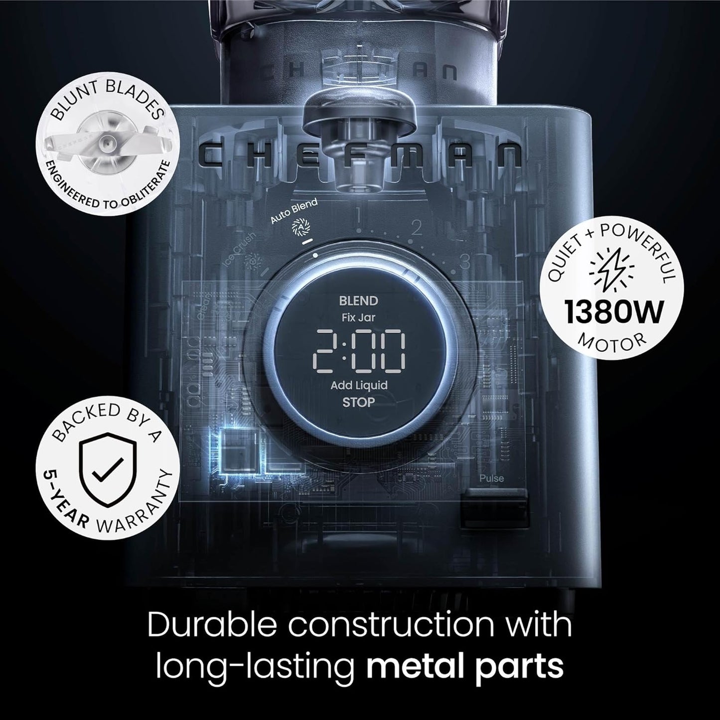 Chefman Obliterator 48 oz Countertop Blender for Smoothies, 1380W Motor to Crush Ice, Nuts, and Frozen Fruit with Stainless Steel Blade, Blender Pack Includes Two 20 oz. Travel Jars - Midnight