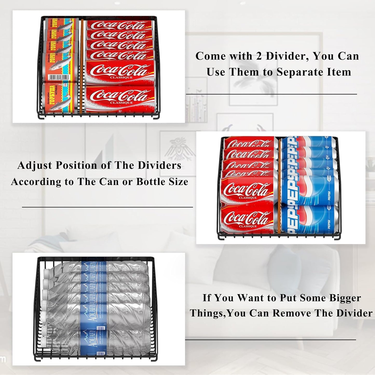 GILLAS 2 Pack Stackable Soda Can Organizer with Dividers for Refrigerator, Can Holder Dispenser Canned Food Organizer, Beverage Storage Basket Rack Drink Organizer for Fridge, Kitchen, Pantry, Black