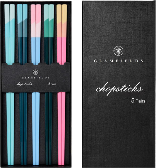 Chopsticks Reusable Dishwasher Safe, GLAMFIELDS 5 Pairs 9.5 Inches Premium Chop Sticks Set for Sushi, Ramen, Asian Cuisine, Matte Non-slip with Gift Case, Pink + Light Blue