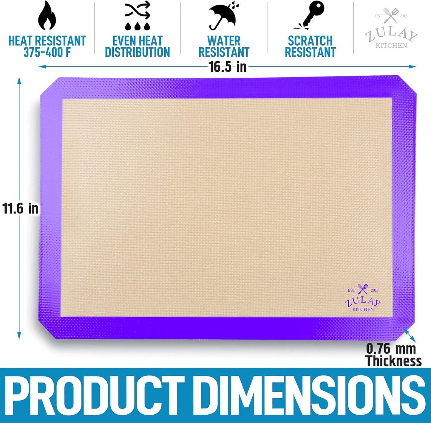Zulay Kitchen (2 Pack) Silicone Baking Mat Sheet Set - Reusable Baking Mat Nonstick - Half Sheet Baking Mat For Oven - 16.5" x 11.6" (Purple)