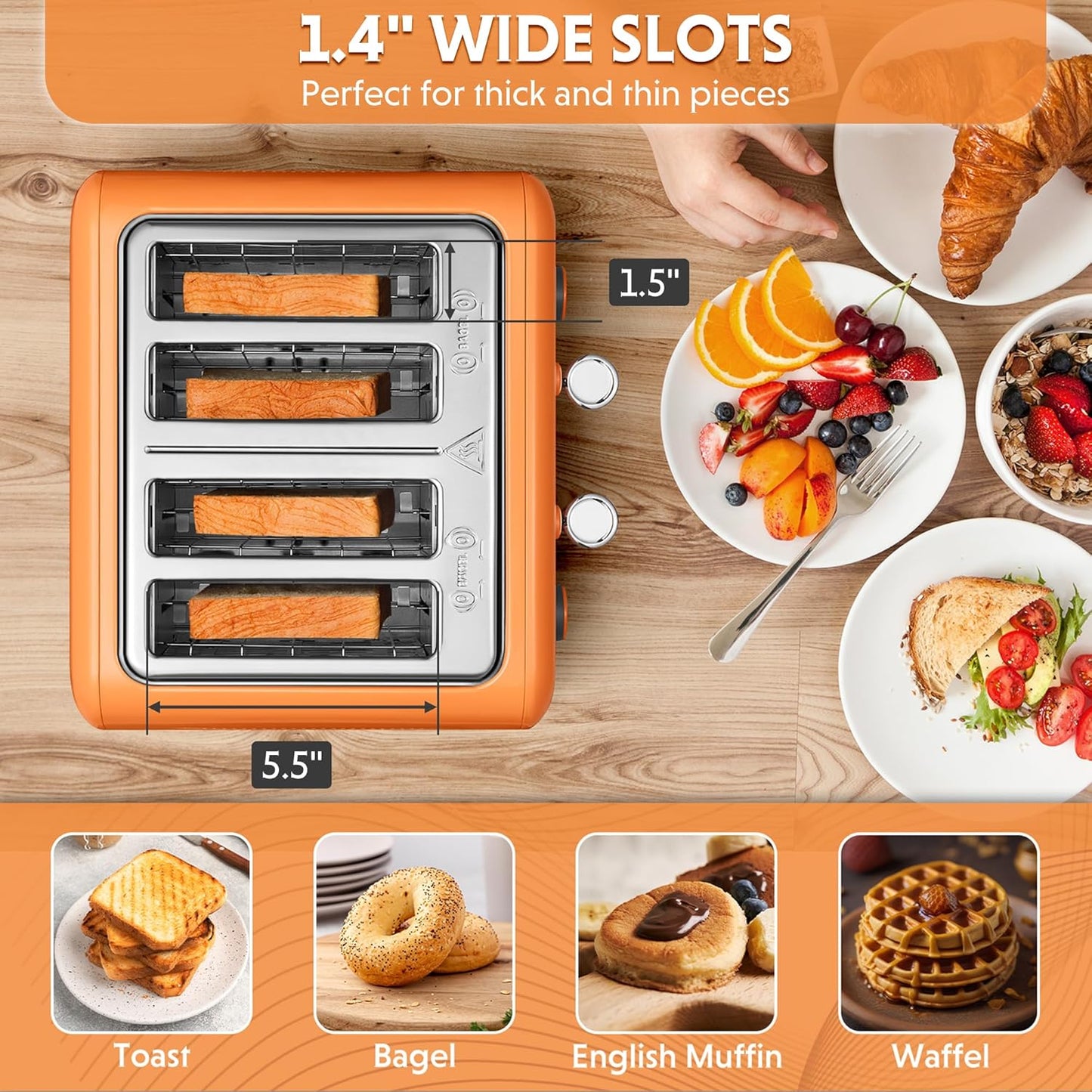 BUYDEEM DT640 4-Slice Toaster, Extra Wide Slots, Retro Stainless Steel with High Lift Lever, Bagel and Muffin Function, Removal Crumb Tray, 7-Shade Settings,Orange