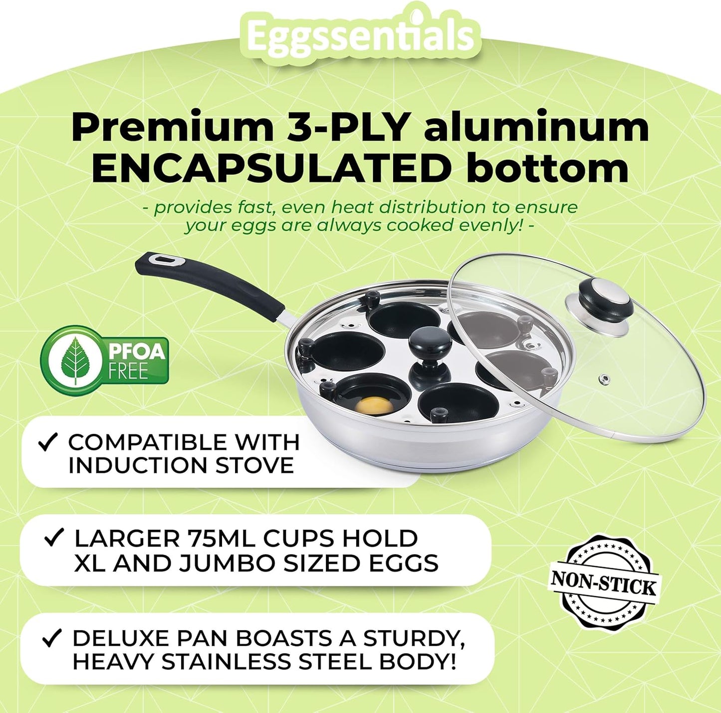 Eggssentials Egg Poacher Pan Nonstick Poached Egg Maker, Stainless Steel Egg Poaching Pan, Poached Eggs Cooker Food Grade Safe PFOA Free with Spatula, Egg Poachers Cookware