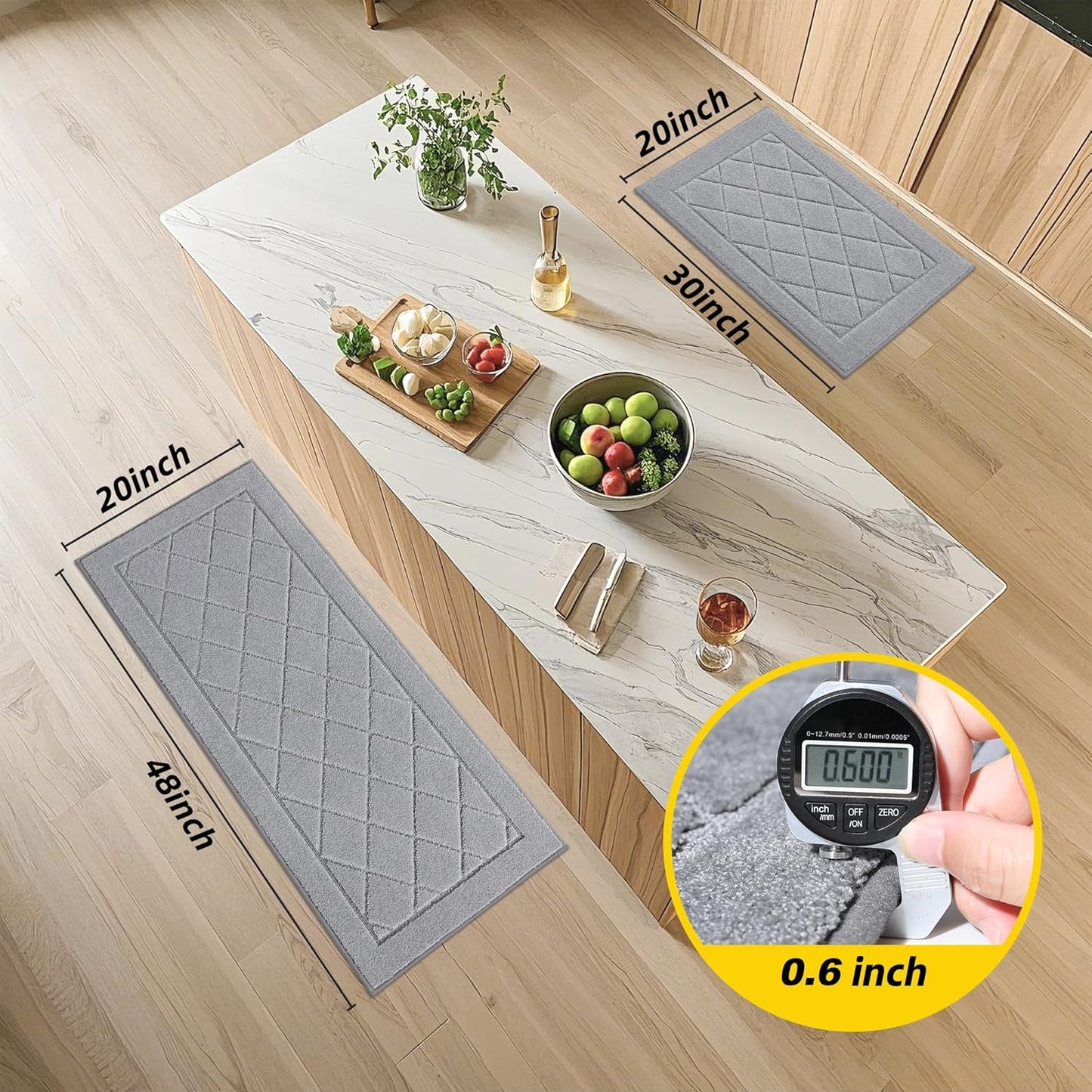 JSEI Non-Slip Kitchen Rugs, Self Adhesive No Sliding Kitchen Mats Set of 2, Soft Washable Absorbent Floor Mat for Kitchen, Bathroom, Laundry Room, Bedroom, 20”x32”+20”x48”, Light Grey, Diamond Pattern