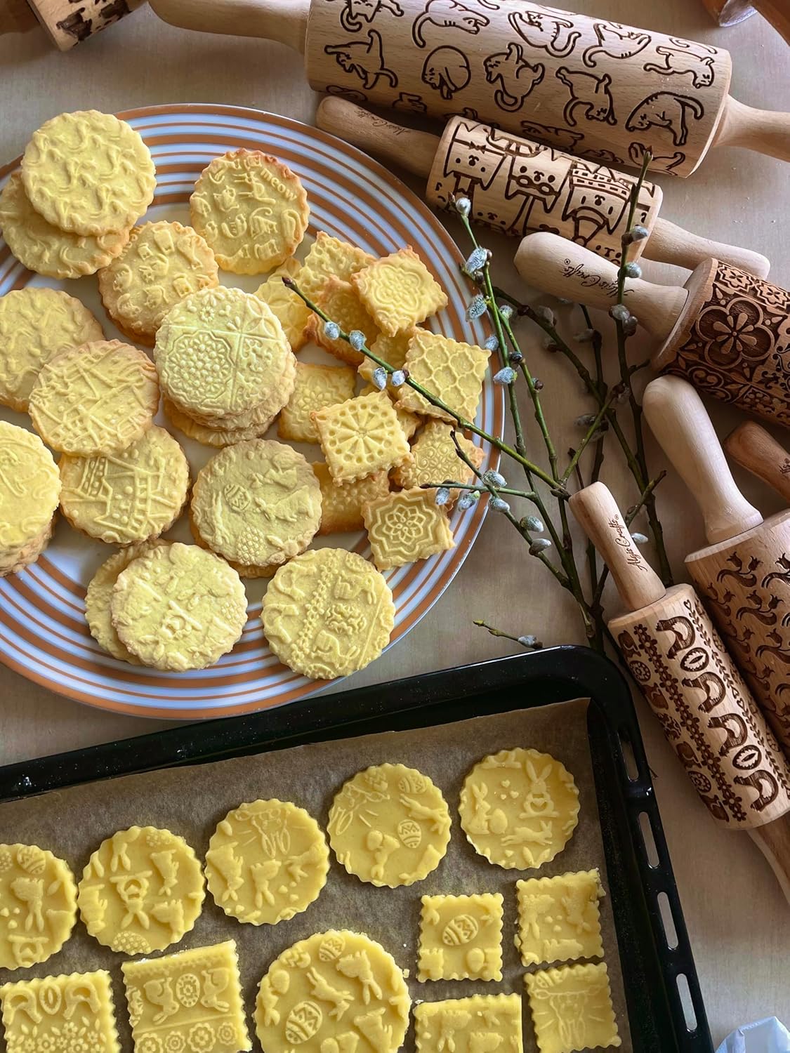 CATS 3 Mini Embossed Rolling Pin Set – Wooden Laser-Engraved Textured Rolling Pins for Cookies, Modeling Clay, Ceramics – Various Cat Patterns by Algis Crafts