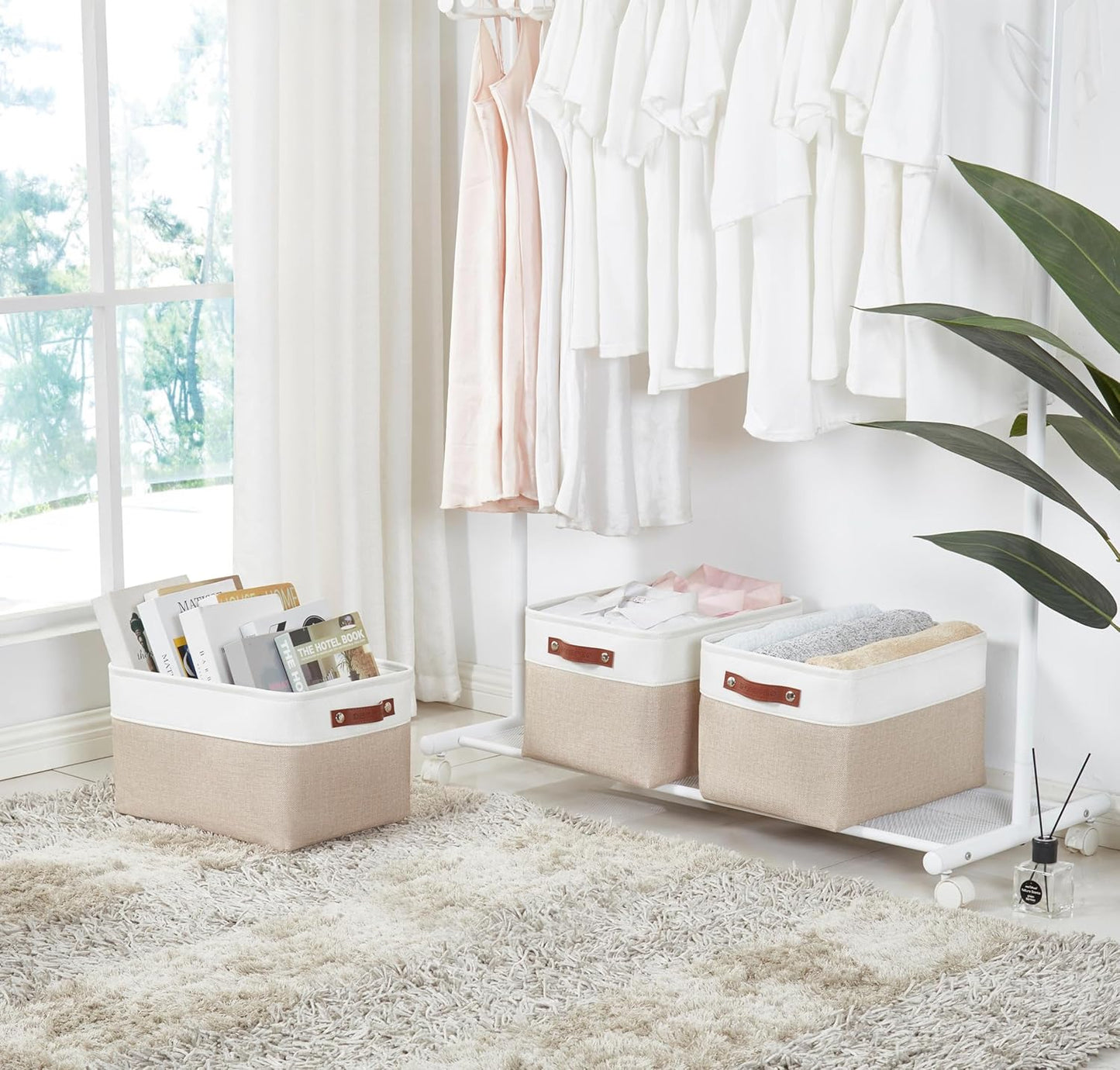 DECOMOMO Storage Baskets for Shelves - Fabric Storage Bins, Linen Closet Organizers and Storage (Beige & White, XL - 3 Pack)