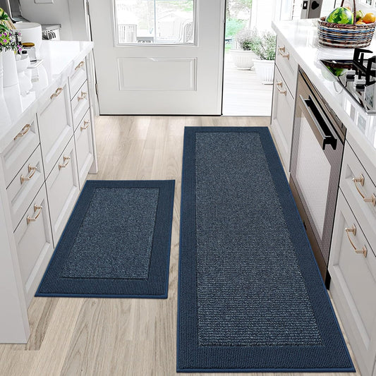 BEQHAUSE Kitchen Rugs and Mats Set of 2 Non-Slip Kitchen Mats for Floor, Absorbent and Stain Resistant Kitchen Runner, Machine Washable Rugs for Kitchen, Laundry & Sink, 24"x36"+24"x60", Blue