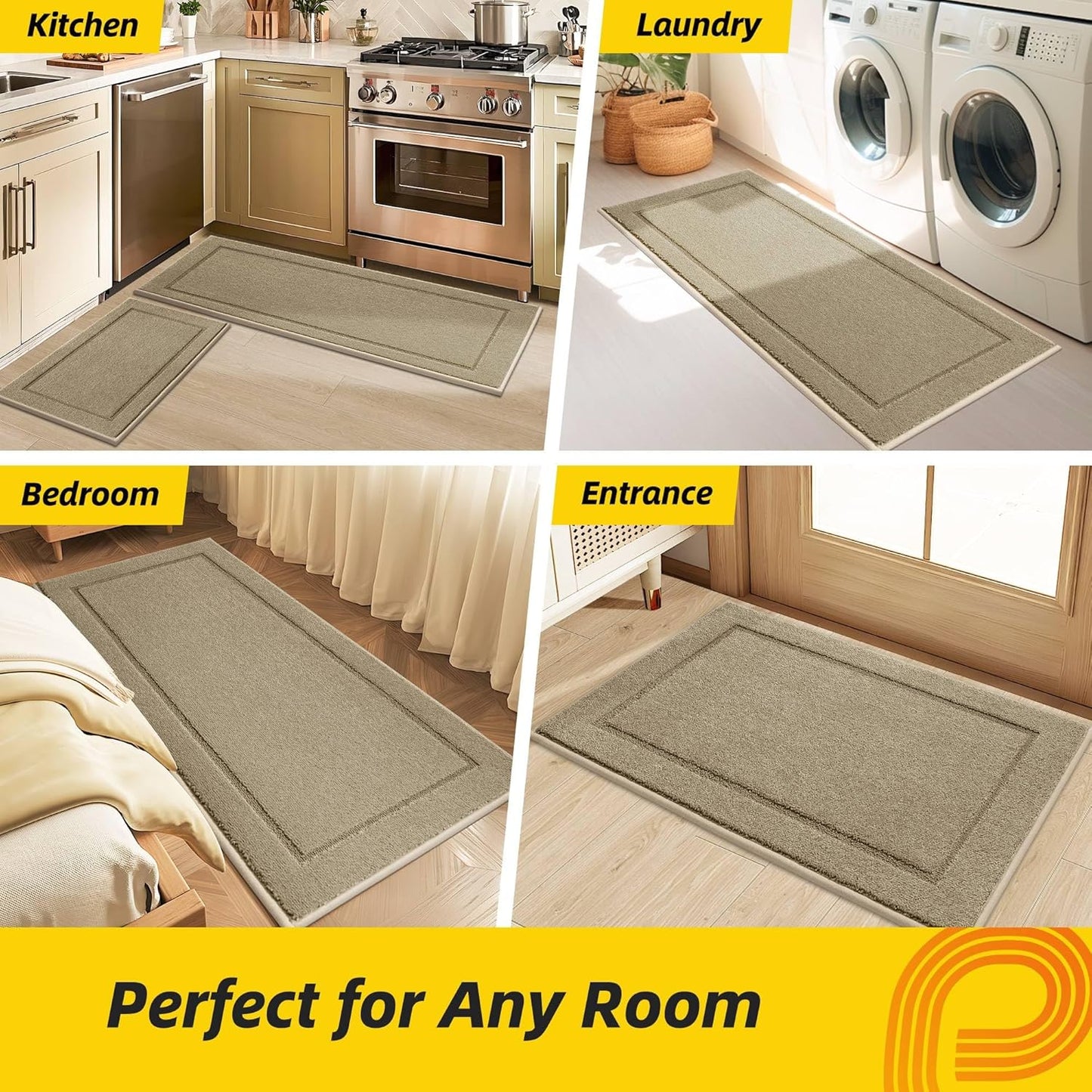 JSEI Non-Slip Kitchen Mats, Self Adhesive No Sliding Kitchen Rugs Set of 2, Washable Absorbent Floor Mat for Kitchen, Bathroom, Laundry Room, Bedroom, 24”x36”+24”x60”, Beige, Rectangular Pattern